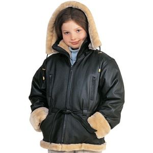 Girl leather coat with beige flux lining